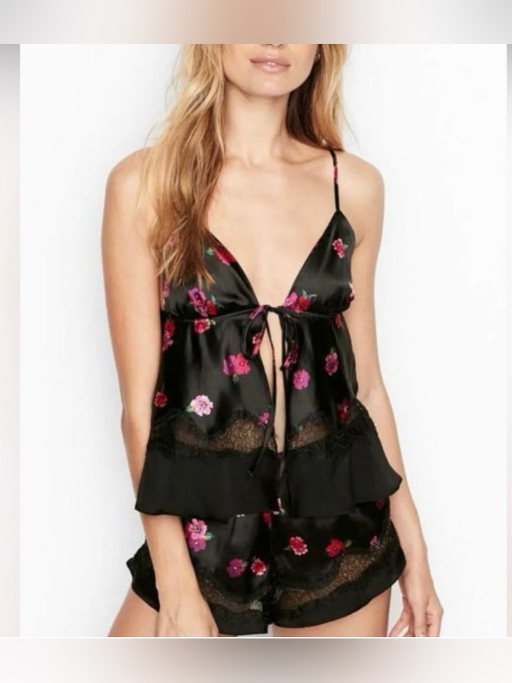 Victoria’s Secret Black Satin Floral Lace Chemise Set Size Large